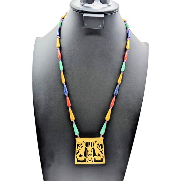 Vintage MMA 1976 Egyptian Scarab Falcon Gold Tone Pectoral Stone Bead Necklace - Picture 1 of 7
